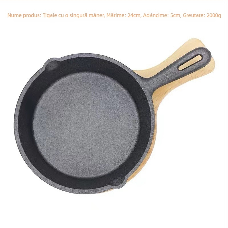 Tigaie grill din fontă cu mâner unic, bază plată, compatibilă cu inducția, pentru fripturi și griluri