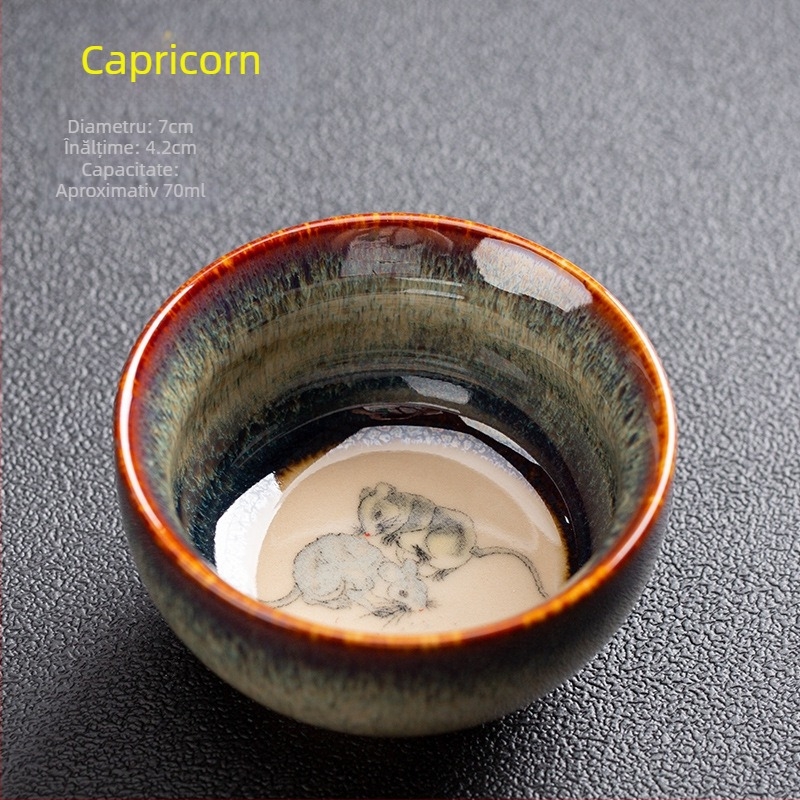 Ceșă Kung Fu cu Zodii, ceramică porțelan, mică ceașcă de ceai