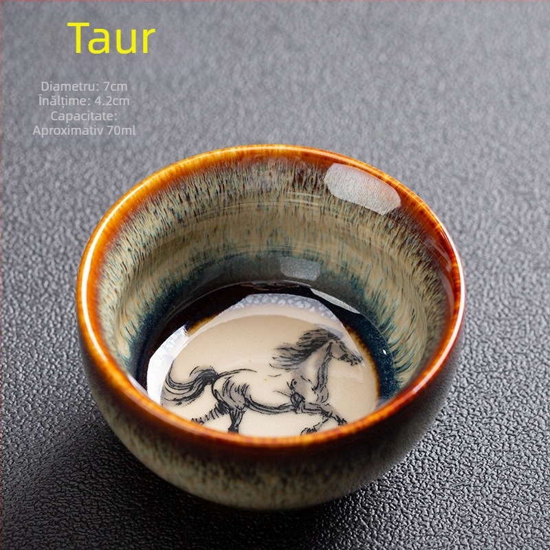 Ceșă Kung Fu cu Zodii, ceramică porțelan, mică ceașcă de ceai