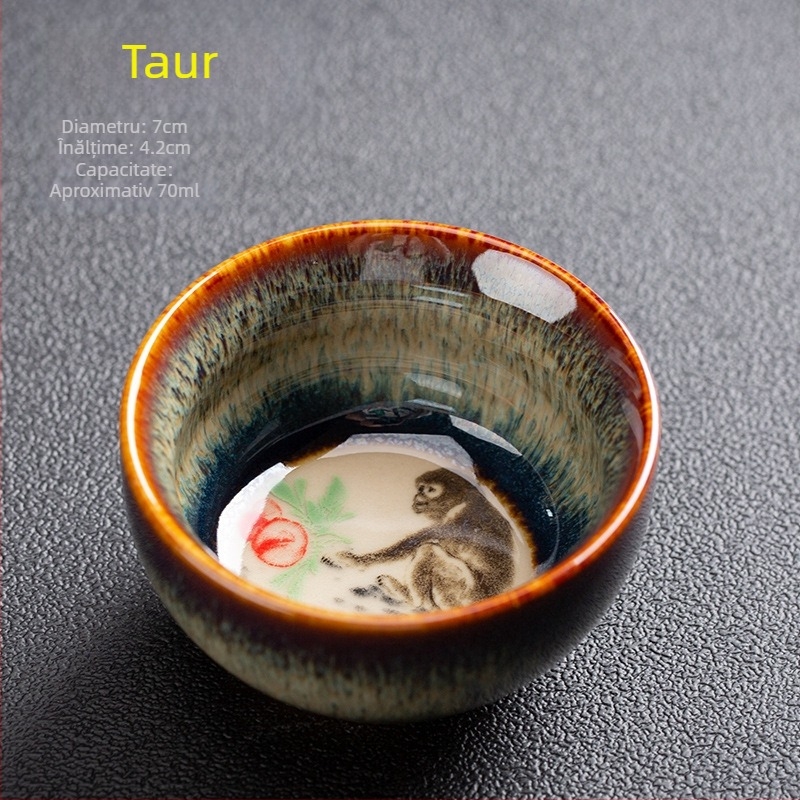 Ceșă Kung Fu cu Zodii, ceramică porțelan, mică ceașcă de ceai
