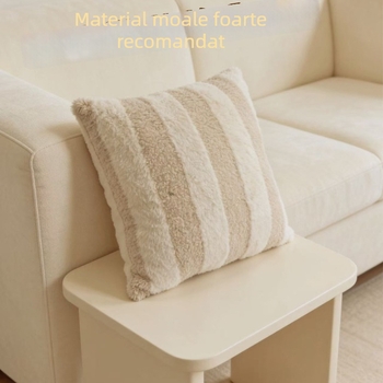 Pernă decor nordică din blană de iepure și catifea Teddy, cu față unică, dungată, pentru pat, birou și casă