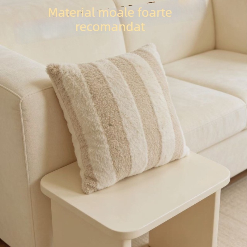 Pernă decor nordică din blană de iepure și catifea Teddy, cu față unică, dungată, pentru pat, birou și casă