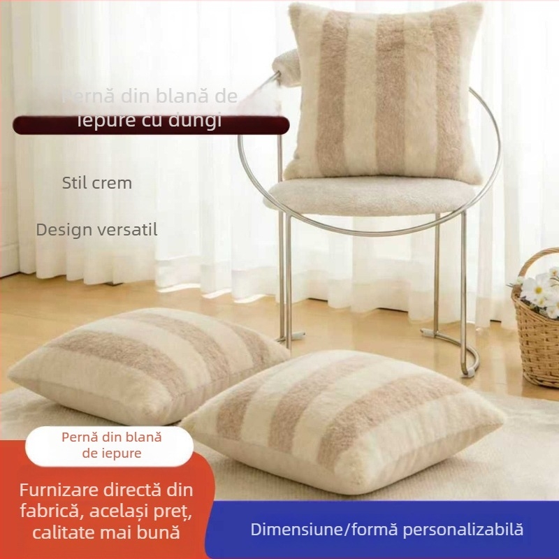 Pernă decor nordică din blană de iepure și catifea Teddy, cu față unică, dungată, pentru pat, birou și casă