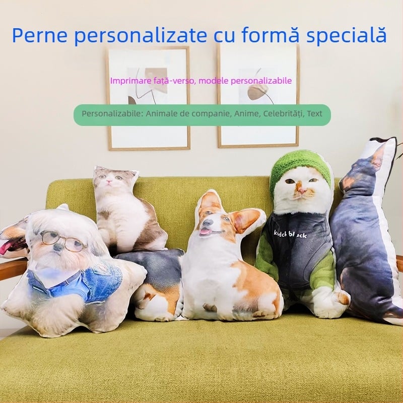 Perna în formă de animal, cu margini albe; pernă mare în formă de pisică, pluș moale și pufoasă
