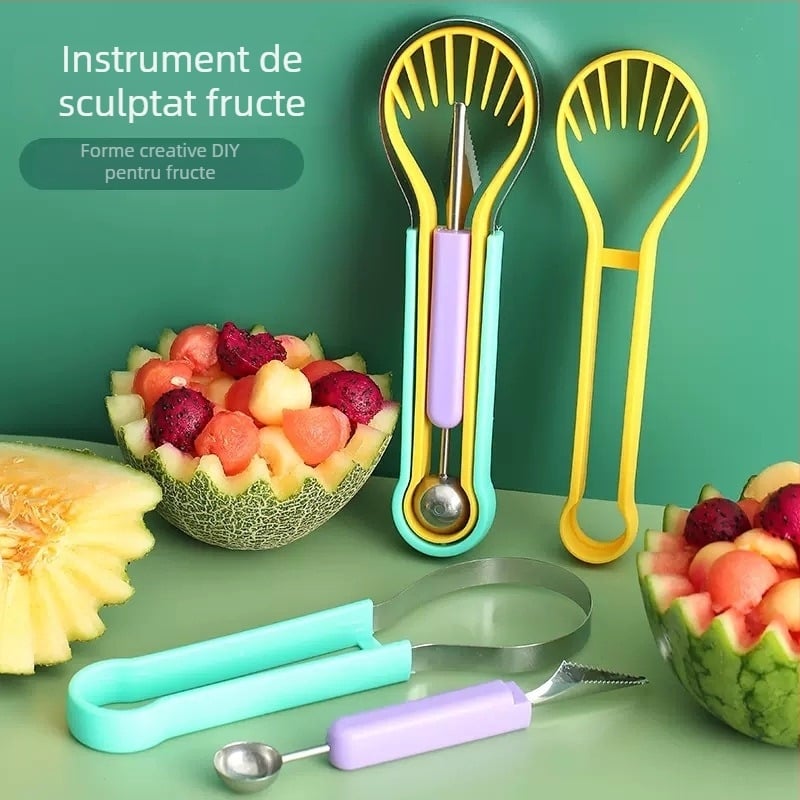 Trei în unu: formator de bile de fructe din oțel inoxidabil, cuțit de tăiat fructe și set de cuțite pentru fructe, platou multifuncțional
