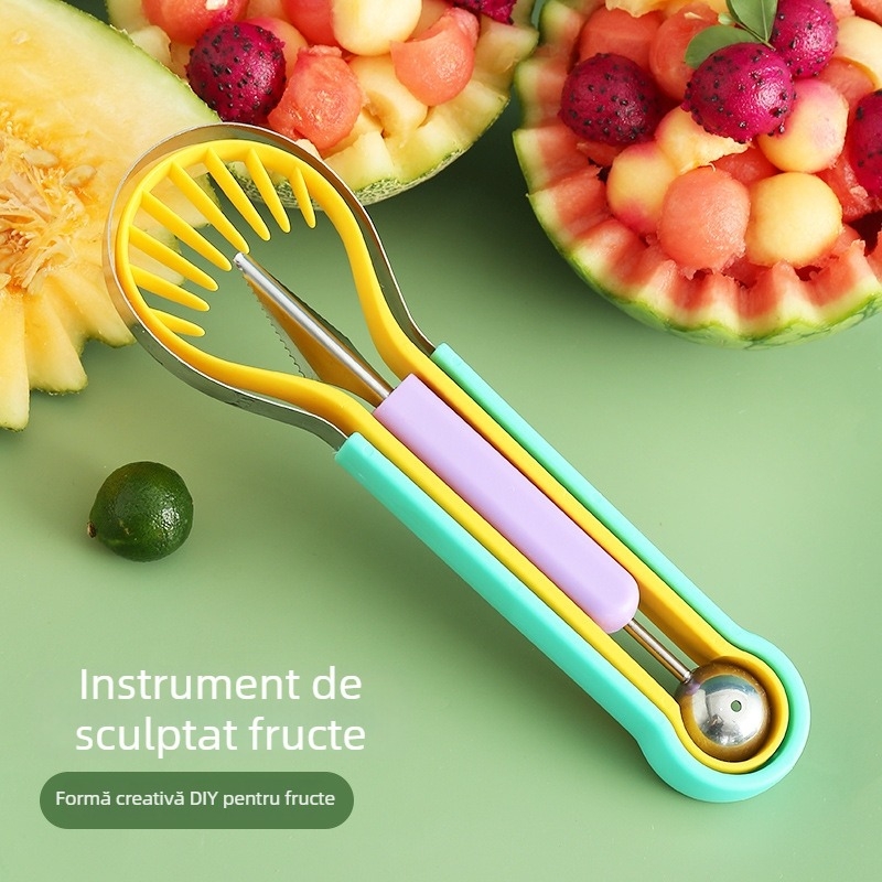 Trei în unu: formator de bile de fructe din oțel inoxidabil, cuțit de tăiat fructe și set de cuțite pentru fructe, platou multifuncțional