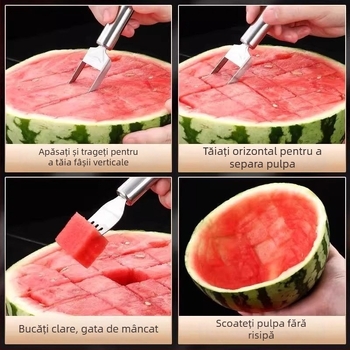 Furculiță pentru pepene din oțel inoxidabil, cu capete duble, furculiță pentru fructe, unealtă multifuncțională de tăiere a pulpei pepenului