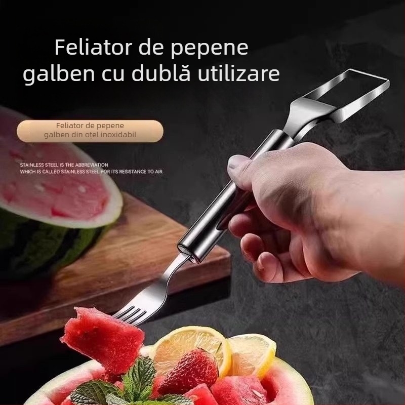 Furculiță pentru pepene din oțel inoxidabil, cu capete duble, furculiță pentru fructe, unealtă multifuncțională de tăiere a pulpei pepenului