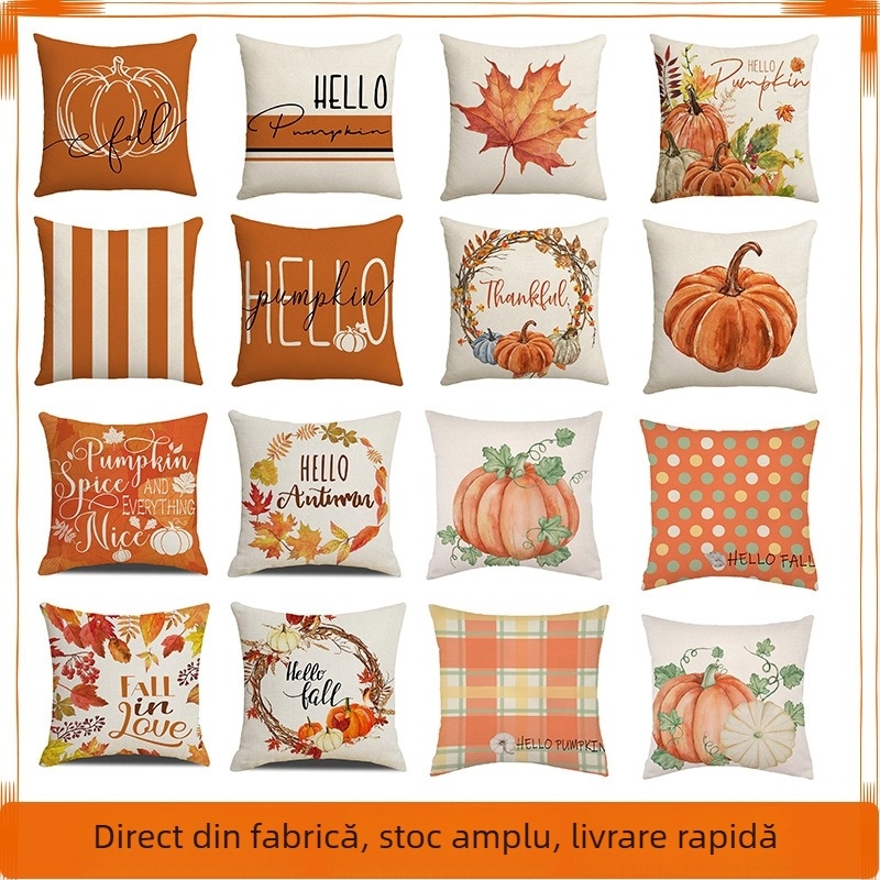 Husă de pernă din in cu dovleac, decor festiv de toamnă pentru canapea