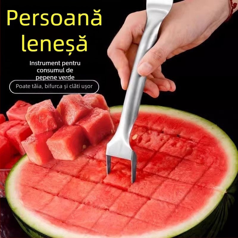 Furculă din oțel inoxidabil cu două capete pentru pepene, furculiță pentru fructe, unealtă multifuncțională de tăiere a pulpei de pepene, separator de fructe