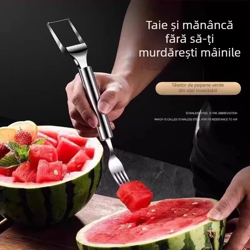 Furculă din oțel inoxidabil cu două capete pentru pepene, furculiță pentru fructe, unealtă multifuncțională de tăiere a pulpei de pepene, separator de fructe