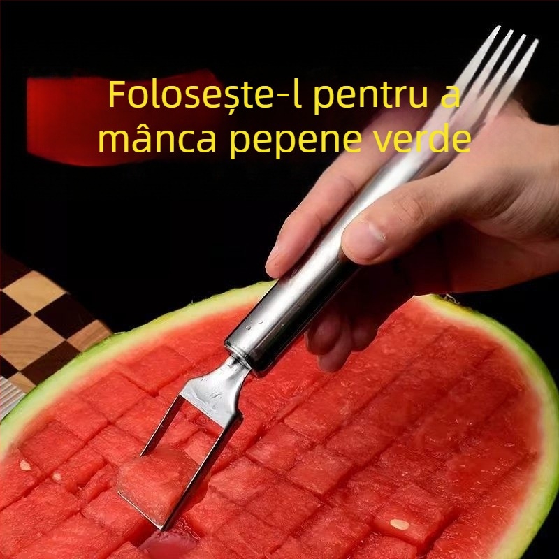 Furculă din oțel inoxidabil cu două capete pentru pepene, furculiță pentru fructe, unealtă multifuncțională de tăiere a pulpei de pepene, separator de fructe
