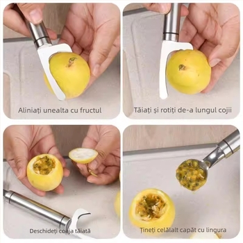 Deschizător pentru fructe din oțel inoxidabil, cap dublu, 2-în-1 pentru passion fruit și mangosteen, cu linguriță, unealtă de bucătărie pentru uz casnic
