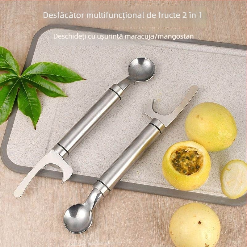 Deschizător pentru fructe din oțel inoxidabil, cap dublu, 2-în-1 pentru passion fruit și mangosteen, cu linguriță, unealtă de bucătărie pentru uz casnic