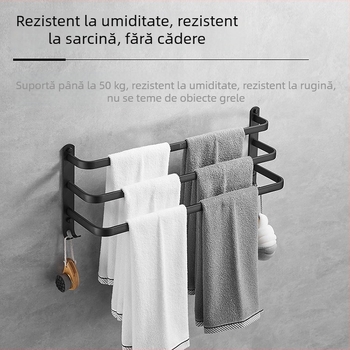 Cuier pentru prosoape cu două bare, montaj fără găuri, aluminiu spațial, design minimalist modern