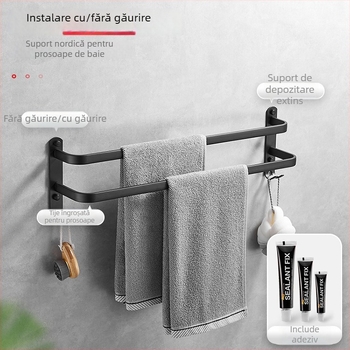 Cuier pentru prosoape cu două bare, montaj fără găuri, aluminiu spațial, design minimalist modern