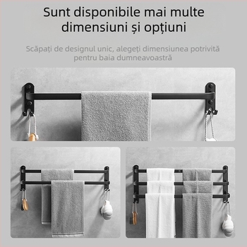 Cuier pentru prosoape cu două bare, montaj fără găuri, aluminiu spațial, design minimalist modern