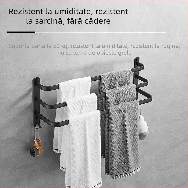 Cuier pentru prosoape cu două bare, montaj fără găuri, aluminiu spațial, design minimalist modern