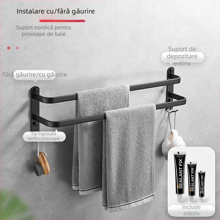 Cuier pentru prosoape cu două bare, montaj fără găuri, aluminiu spațial, design minimalist modern