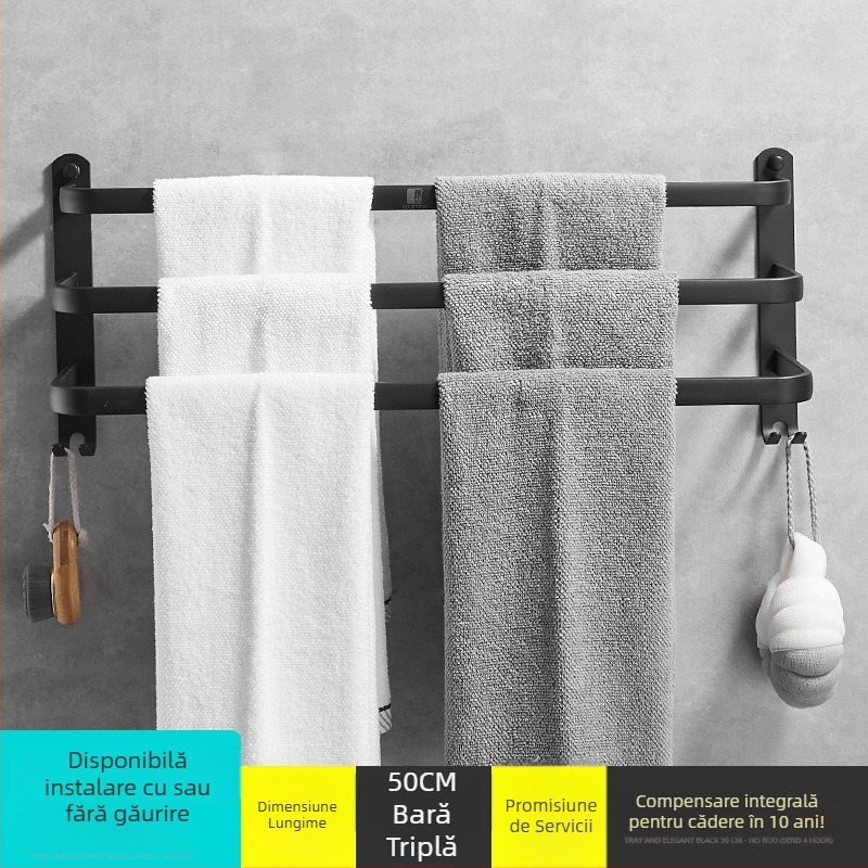 Cuier pentru prosoape cu două bare, montaj fără găuri, aluminiu spațial, design minimalist modern