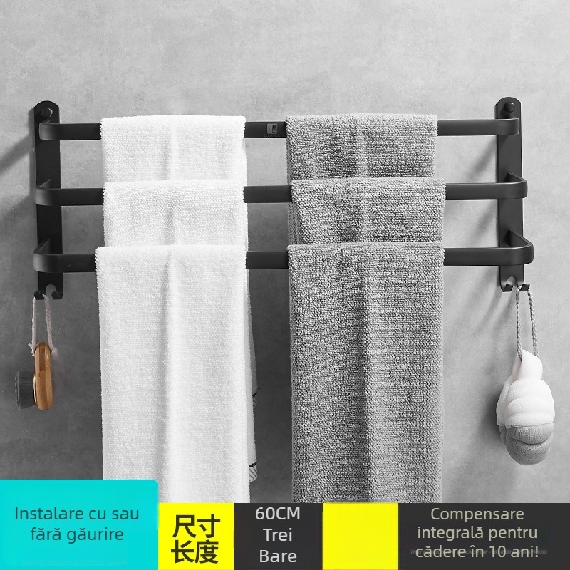 Cuier pentru prosoape cu două bare, montaj fără găuri, aluminiu spațial, design minimalist modern