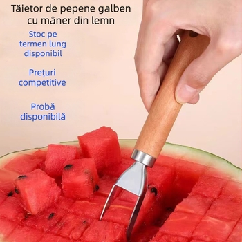 Tăietor de pepene din oțel inoxidabil, mâner din lemn — separator pentru fructe și cuburi