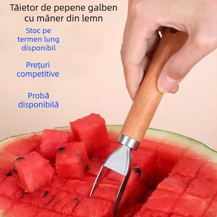 Tăietor de pepene din oțel inoxidabil, mâner din lemn — separator pentru fructe și cuburi