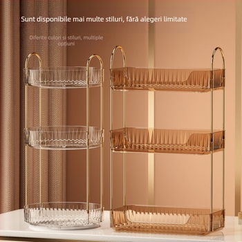 Raft rotativ de birou cu trei etaje pentru baie și dormitor – organizator pentru cosmetică și bijuterii (transparent, crem, aur chihlimbar)