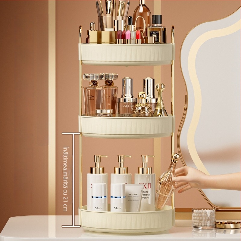 Raft rotativ de birou cu trei etaje pentru baie și dormitor – organizator pentru cosmetică și bijuterii (transparent, crem, aur chihlimbar)