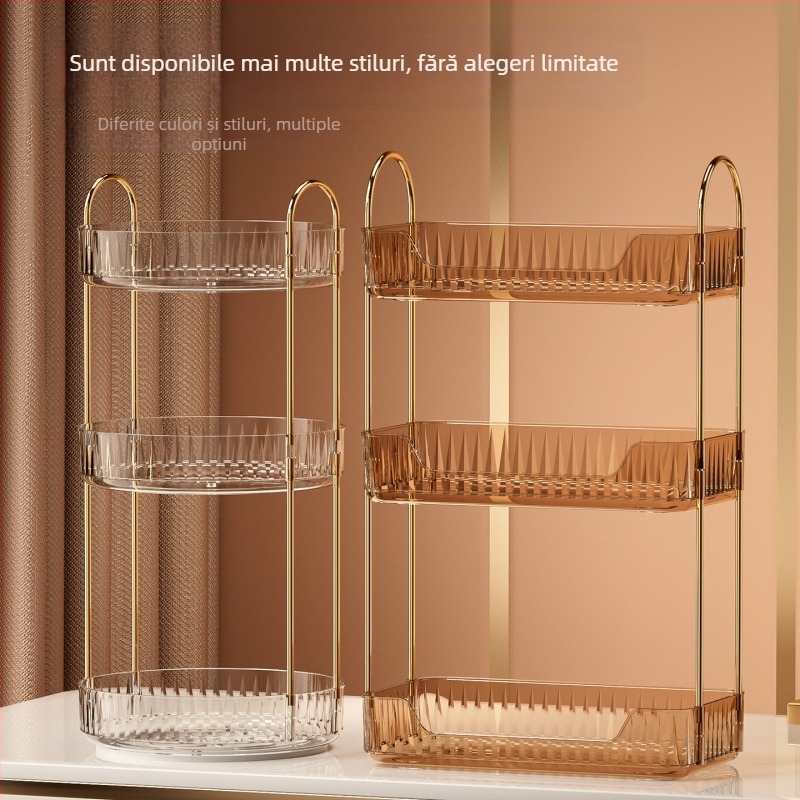 Raft rotativ de birou cu trei etaje pentru baie și dormitor – organizator pentru cosmetică și bijuterii (transparent, crem, aur chihlimbar)