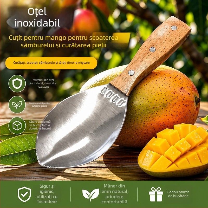 Tăietor de mango din oțel inoxidabil, cu decojit, separator de pulpă și sâmburi — dispozitiv multifuncțional pentru fructe