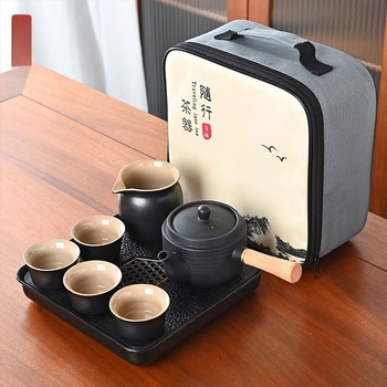 Set Gongfu de ceai din ceramică neagră – depozitare pentru călătorii, set simplu pentru o singură infuzie, mâner lateral în stil japonez pentru cămin