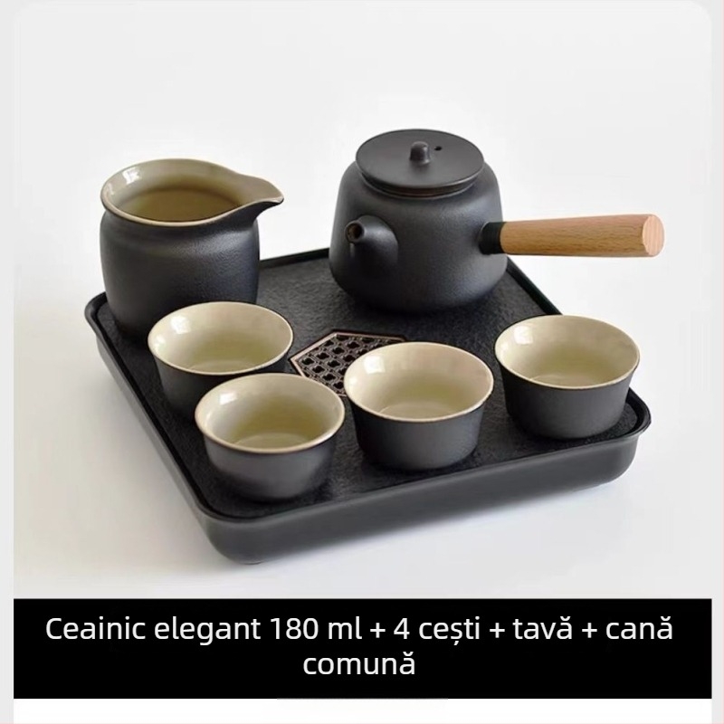 Set Gongfu de ceai din ceramică neagră – depozitare pentru călătorii, set simplu pentru o singură infuzie, mâner lateral în stil japonez pentru cămin