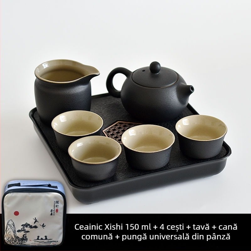 Set Gongfu de ceai din ceramică neagră – depozitare pentru călătorii, set simplu pentru o singură infuzie, mâner lateral în stil japonez pentru cămin