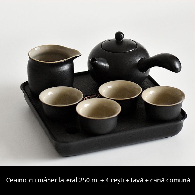 Set Gongfu de ceai din ceramică neagră – depozitare pentru călătorii, set simplu pentru o singură infuzie, mâner lateral în stil japonez pentru cămin
