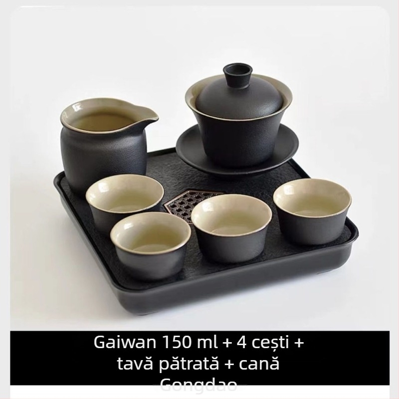 Set Gongfu de ceai din ceramică neagră – depozitare pentru călătorii, set simplu pentru o singură infuzie, mâner lateral în stil japonez pentru cămin