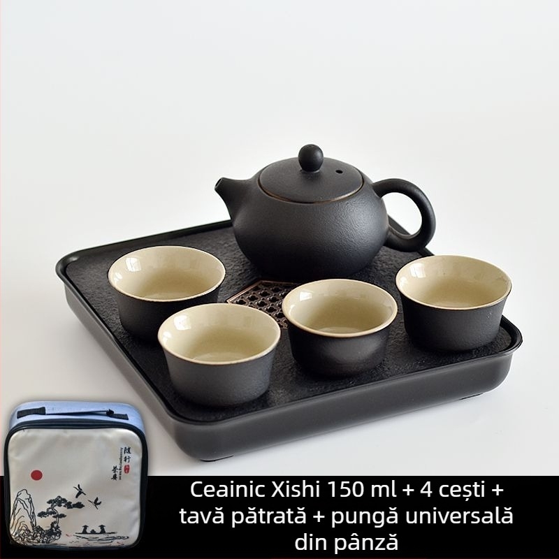 Set Gongfu de ceai din ceramică neagră – depozitare pentru călătorii, set simplu pentru o singură infuzie, mâner lateral în stil japonez pentru cămin