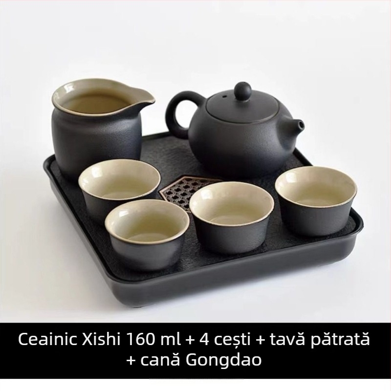 Set Gongfu de ceai din ceramică neagră – depozitare pentru călătorii, set simplu pentru o singură infuzie, mâner lateral în stil japonez pentru cămin