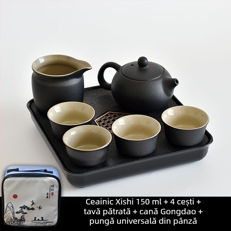 Set Gongfu de ceai din ceramică neagră – depozitare pentru călătorii, set simplu pentru o singură infuzie, mâner lateral în stil japonez pentru cămin