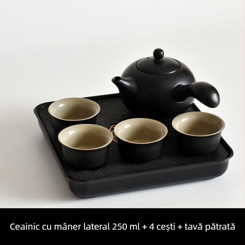 Set Gongfu de ceai din ceramică neagră – depozitare pentru călătorii, set simplu pentru o singură infuzie, mâner lateral în stil japonez pentru cămin