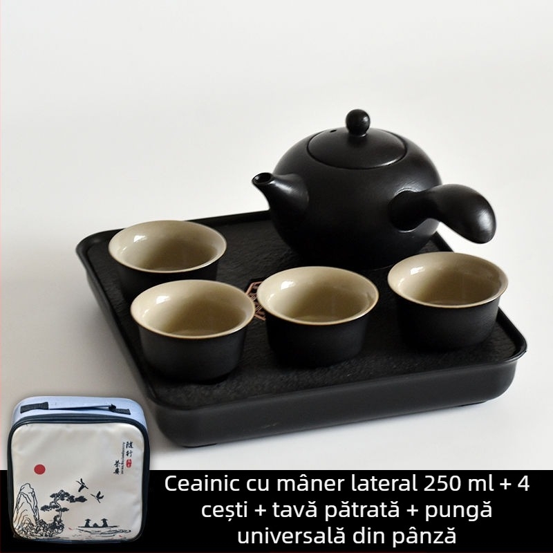 Set Gongfu de ceai din ceramică neagră – depozitare pentru călătorii, set simplu pentru o singură infuzie, mâner lateral în stil japonez pentru cămin