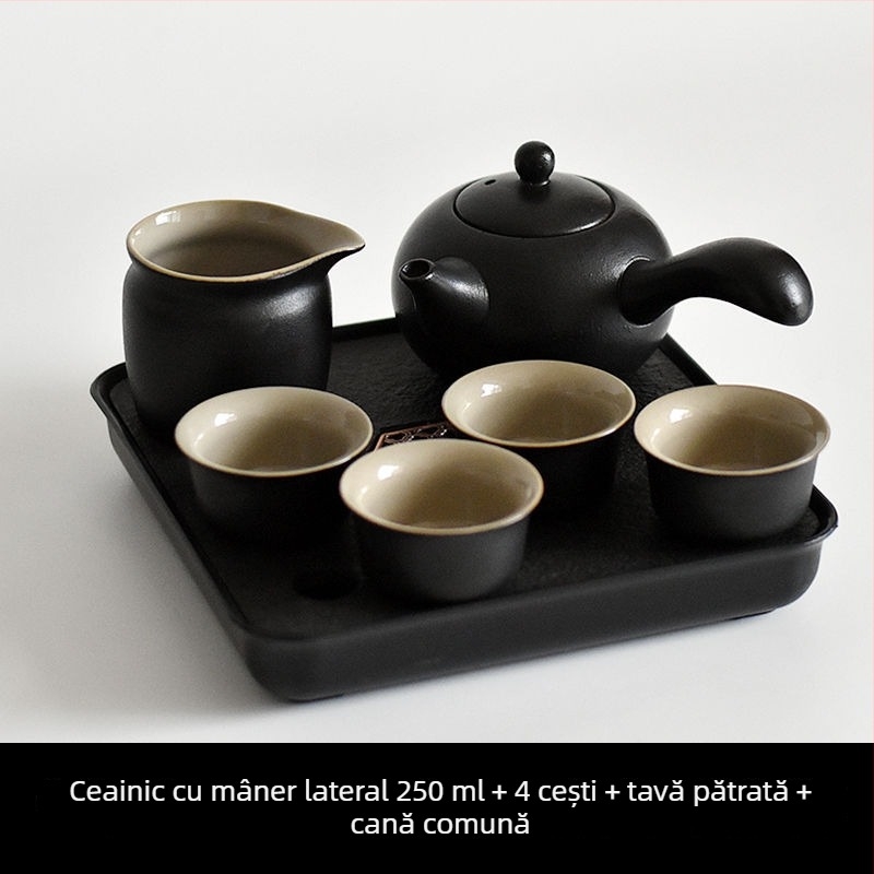 Set Gongfu de ceai din ceramică neagră – depozitare pentru călătorii, set simplu pentru o singură infuzie, mâner lateral în stil japonez pentru cămin