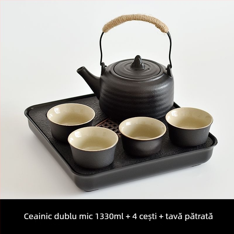 Set Gongfu de ceai din ceramică neagră – depozitare pentru călătorii, set simplu pentru o singură infuzie, mâner lateral în stil japonez pentru cămin