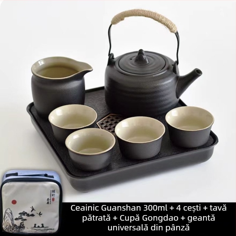 Set Gongfu de ceai din ceramică neagră – depozitare pentru călătorii, set simplu pentru o singură infuzie, mâner lateral în stil japonez pentru cămin