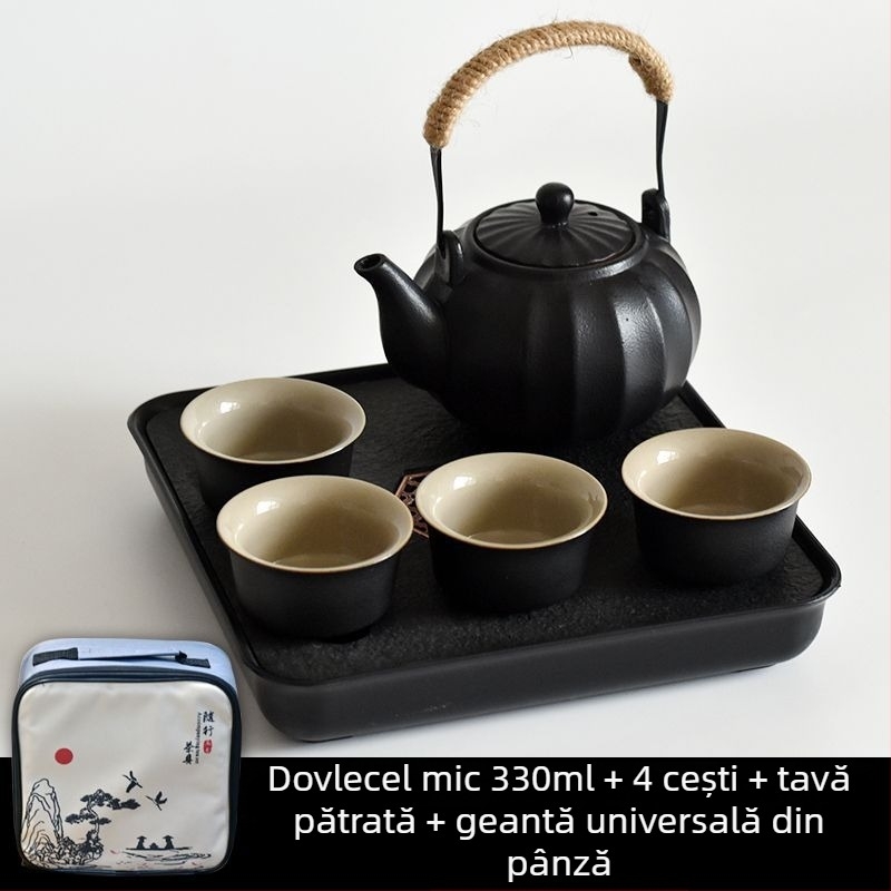 Set Gongfu de ceai din ceramică neagră – depozitare pentru călătorii, set simplu pentru o singură infuzie, mâner lateral în stil japonez pentru cămin