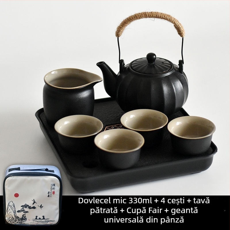Set Gongfu de ceai din ceramică neagră – depozitare pentru călătorii, set simplu pentru o singură infuzie, mâner lateral în stil japonez pentru cămin