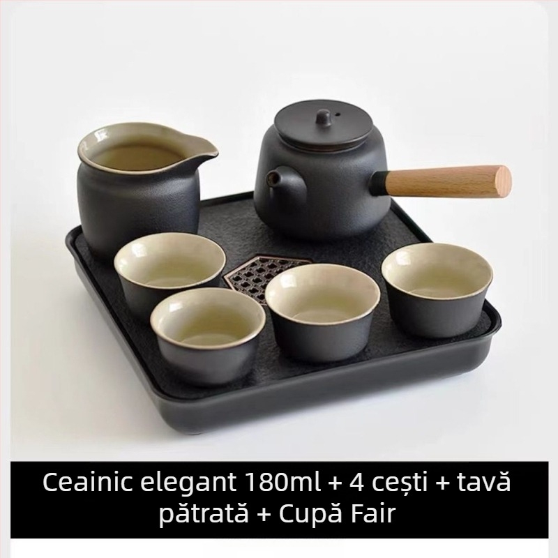 Set Gongfu de ceai din ceramică neagră – depozitare pentru călătorii, set simplu pentru o singură infuzie, mâner lateral în stil japonez pentru cămin