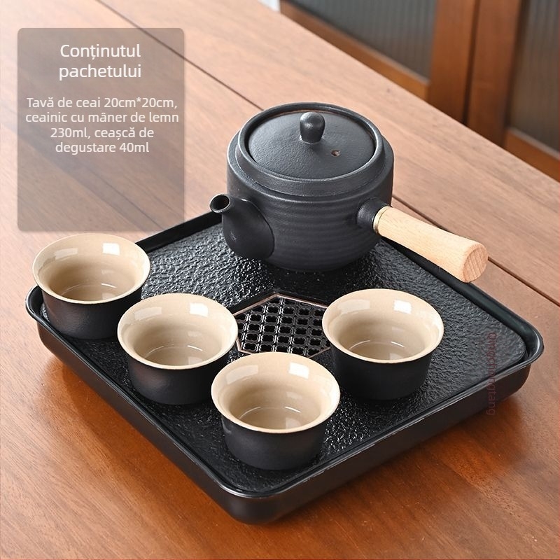 Set Gongfu de ceai din ceramică neagră – depozitare pentru călătorii, set simplu pentru o singură infuzie, mâner lateral în stil japonez pentru cămin