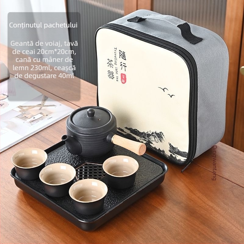 Set Gongfu de ceai din ceramică neagră – depozitare pentru călătorii, set simplu pentru o singură infuzie, mâner lateral în stil japonez pentru cămin