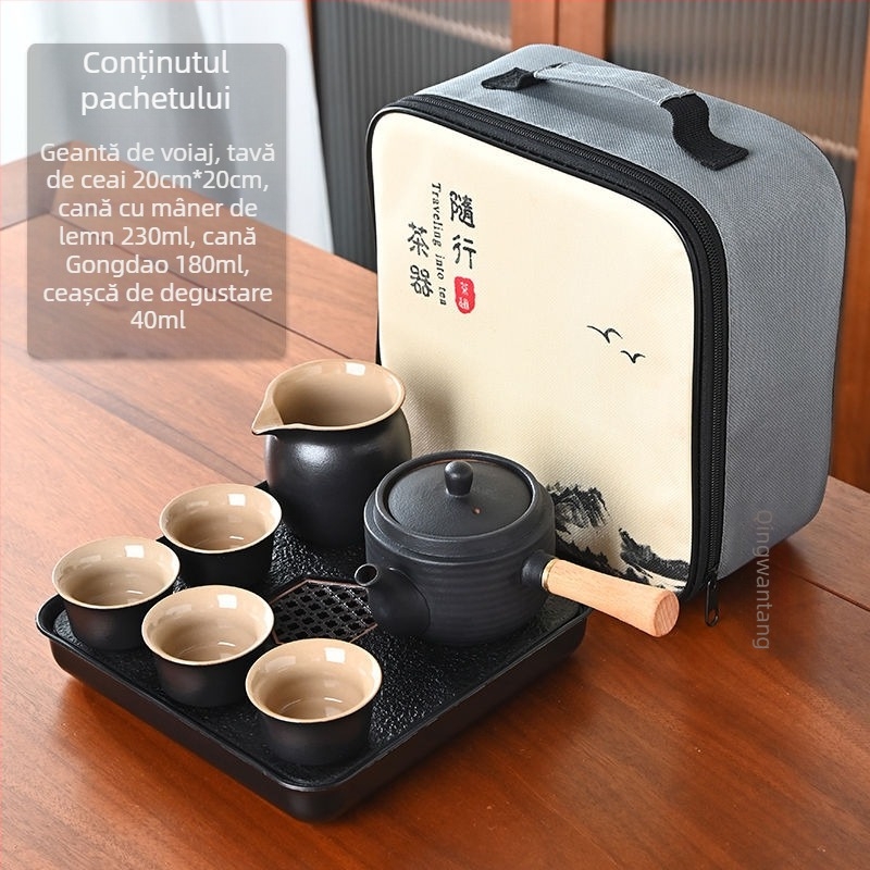 Set Gongfu de ceai din ceramică neagră – depozitare pentru călătorii, set simplu pentru o singură infuzie, mâner lateral în stil japonez pentru cămin